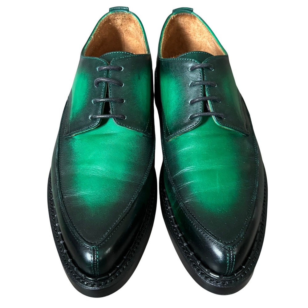 John Fluevog Moneymaker Lace Up Derby Shoes Size 7 Green Hand Painted Leather - Picture 5 of 10